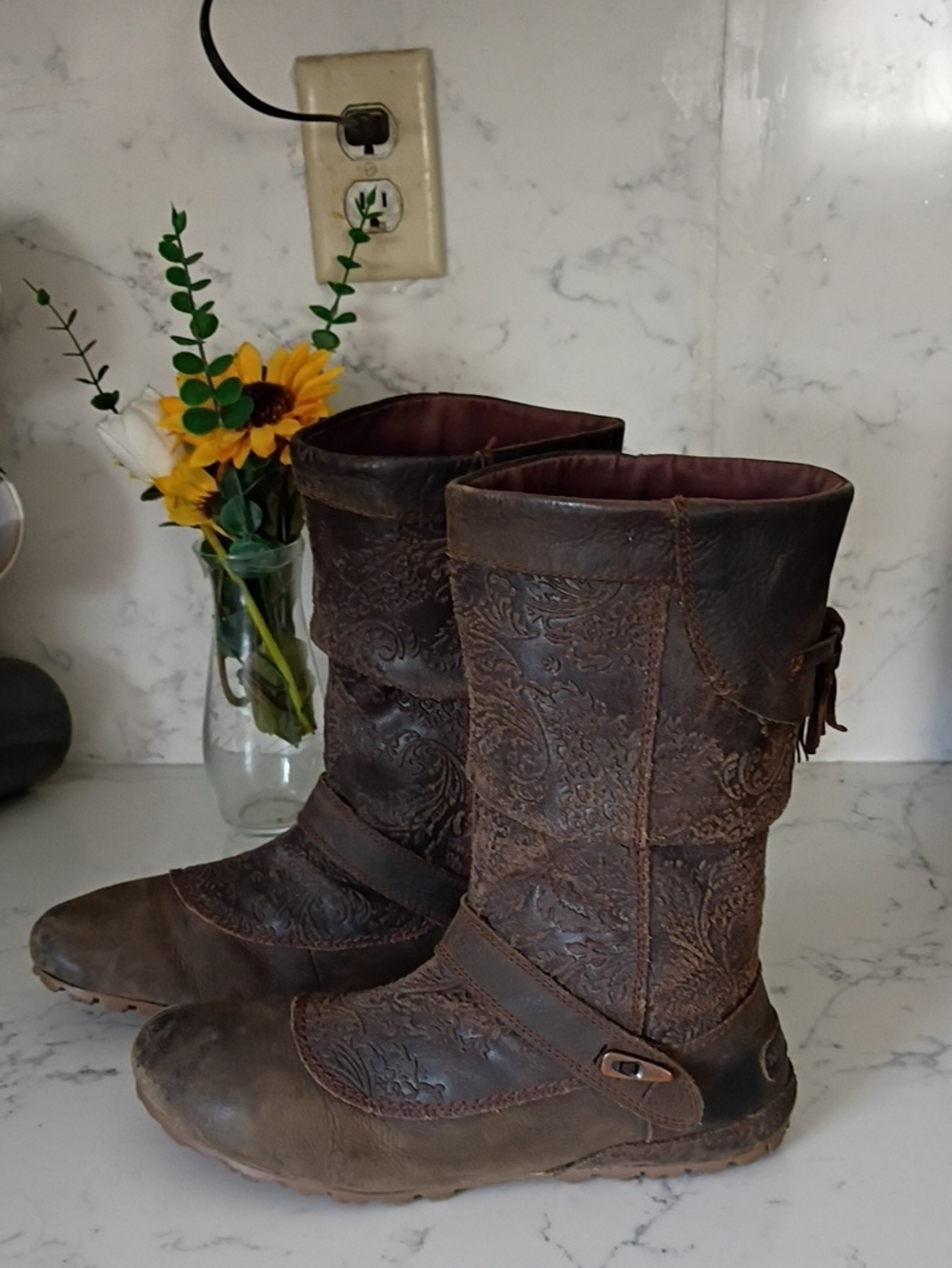 MERRELL Women's Brown Embossed Leather Mid-Calf Boots